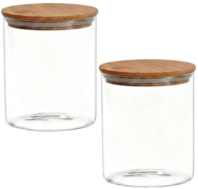 Main image of 2 Piece Clear Glass Canister Food Storage Jar With Airtight Wood Lids Air Tight Storage Containers for Coffee Bean Loose Leaf Tea Containers Sugar Cookies Dry Fruit Nuts Candy Jars size 200ML/6.8oz