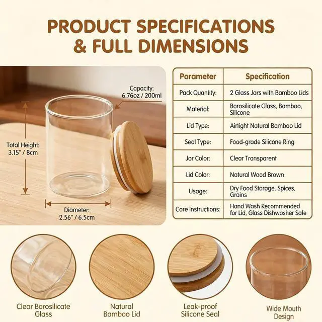 Alt view image 2 of 7 - 2 Piece Clear Glass Canister Food Storage Jar With Airtight Wood Lids Air Tight Storage Containers for Coffee Bean Loose Leaf Tea Containers Sugar Cookies Dry Fruit Nuts Candy Jars size 200ML/6.8oz
