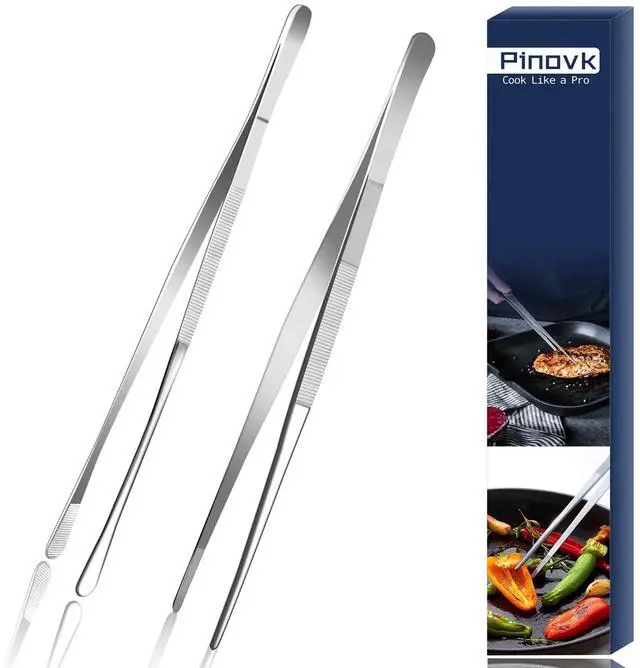 Main image of 2 Pcs 12-Inch Kitchen Tweezers, Extra-Long Stainless Steel Cooking Tweezer Tongs for Plating, Roasting, Serving Food, Silver