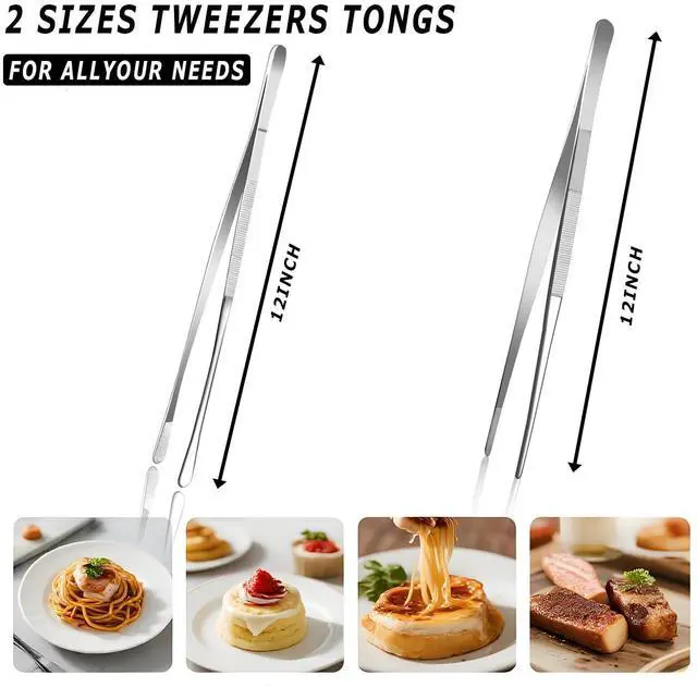 Alt view image 2 of 7 - 2 Pcs 12-Inch Kitchen Tweezers, Extra-Long Stainless Steel Cooking Tweezer Tongs for Plating, Roasting, Serving Food, Silver