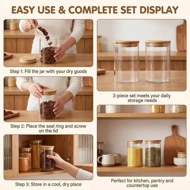 Alt view image 5 of 7 - 2 Piece Clear Glass Canister Food Storage Jar With Airtight Wood Lids Air Tight Storage Containers for Coffee Bean Loose Leaf Tea Containers Sugar Cookies Dry Fruit Nuts Candy Jars size 200ML/6.8oz