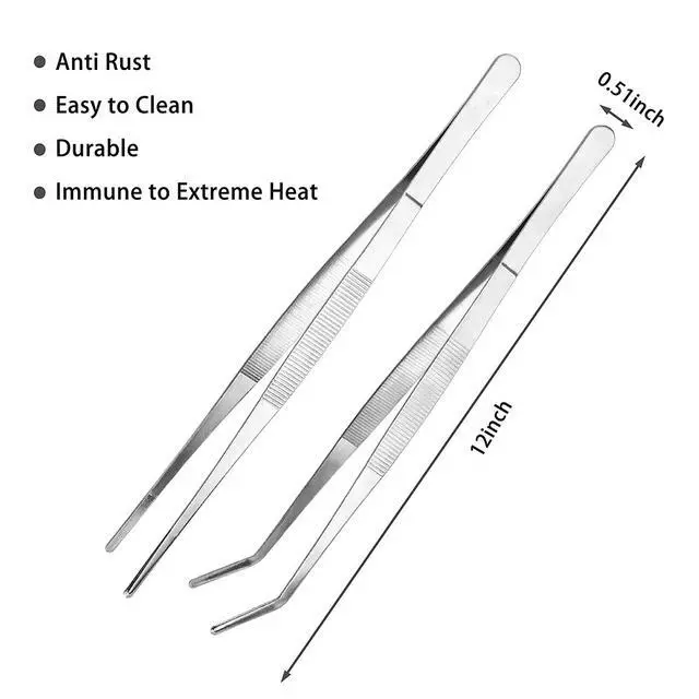 Alt view image 2 of 7 - Kitchen Long Tweezers Set, LEEFONE 2 PCS 12 Inch Stainless Steel Food Tweezers with Precision Serrated Tips for Cooking & Baking (Straight + Curved)