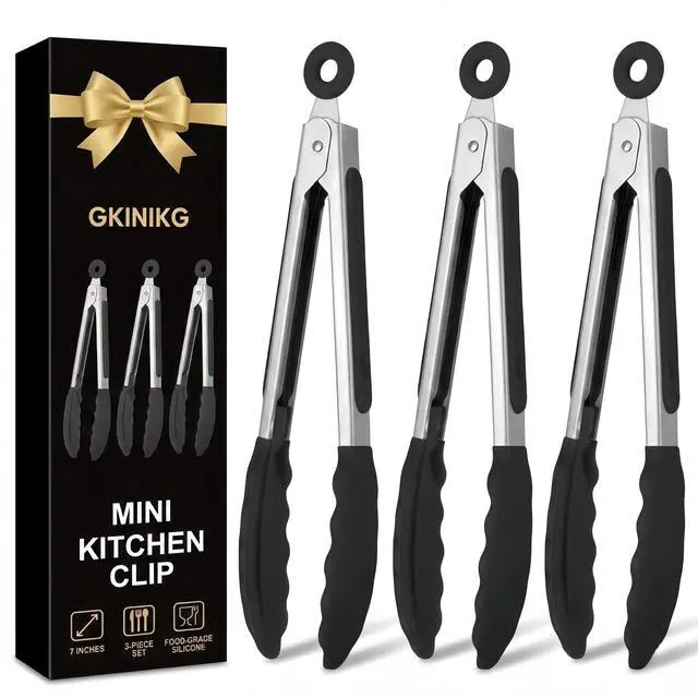 Main image of Mini Tongs with Silicone Tips, 7-Inch Small Serving Tongs for Cooking, Stainless Steel Food small tongs with Locking Mechanism for Salad, Taco Bar, Appetizers & Buffet, Set of 3