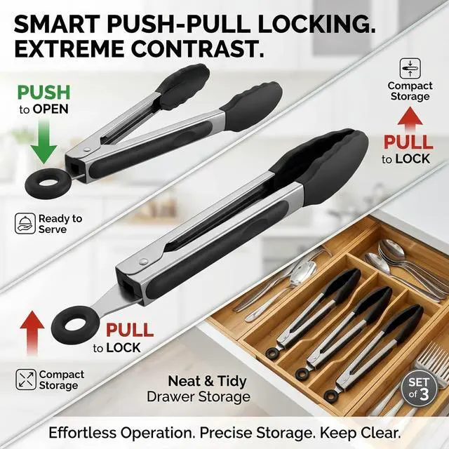 Alt view image 2 of 7 - Mini Tongs with Silicone Tips, 7-Inch Small Serving Tongs for Cooking, Stainless Steel Food small tongs with Locking Mechanism for Salad, Taco Bar, Appetizers & Buffet, Set of 3