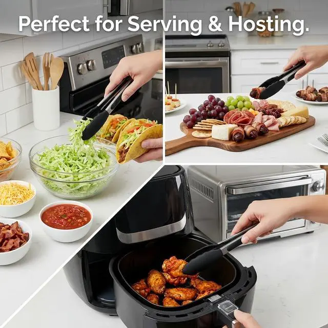 Alt view image 3 of 7 - Mini Tongs with Silicone Tips, 7-Inch Small Serving Tongs for Cooking, Stainless Steel Food small tongs with Locking Mechanism for Salad, Taco Bar, Appetizers & Buffet, Set of 3