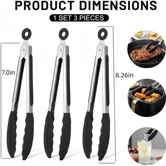 Alt view image 4 of 7 - Mini Tongs with Silicone Tips, 7-Inch Small Serving Tongs for Cooking, Stainless Steel Food small tongs with Locking Mechanism for Salad, Taco Bar, Appetizers & Buffet, Set of 3