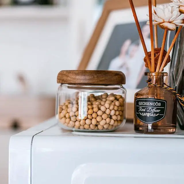 Alt view image 2 of 7 - Glass Food Storage Containers With Wooden Lids - Small Coffee Jars - Pantry Organization For Overnight Oats, Cereal, Rice, Candy (14oz(400ml))