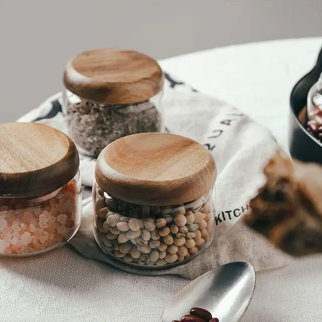 Alt view image 5 of 7 - Glass Food Storage Containers With Wooden Lids - Small Coffee Jars - Pantry Organization For Overnight Oats, Cereal, Rice, Candy (14oz(400ml))