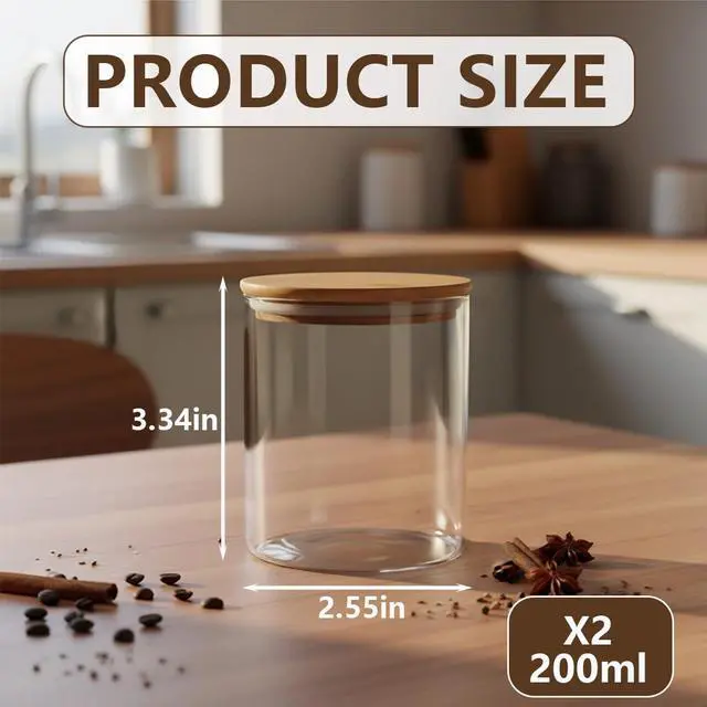 Alt view image 2 of 7 - Pack of 2 6.7oz(200ml) Clear Glass Food Storage Jar Tea Canister Containers with Airtight Seal Bamboo Lid Bulk Tea Coffee Bean Jar Cookies Flour Sugar Candy Spice Container