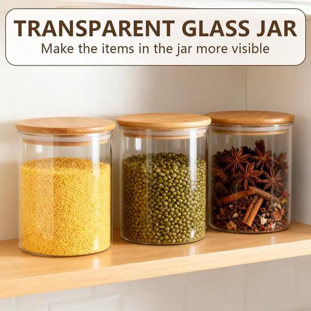Alt view image 5 of 7 - Pack of 2 6.7oz(200ml) Clear Glass Food Storage Jar Tea Canister Containers with Airtight Seal Bamboo Lid Bulk Tea Coffee Bean Jar Cookies Flour Sugar Candy Spice Container