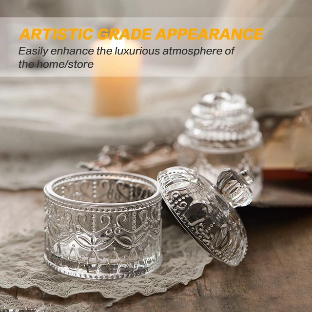 Alt view image 6 of 7 - 200ML/6.7oz Clear Glass Jar Cystal Glass Decorative Candy Dish with Lid Vintage Embossed Food Storage Jar Glass Organization Canisters for Wedding Party Buffet Decorative