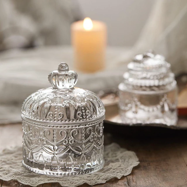 Alt view image 7 of 7 - 200ML/6.7oz Clear Glass Jar Cystal Glass Decorative Candy Dish with Lid Vintage Embossed Food Storage Jar Glass Organization Canisters for Wedding Party Buffet Decorative