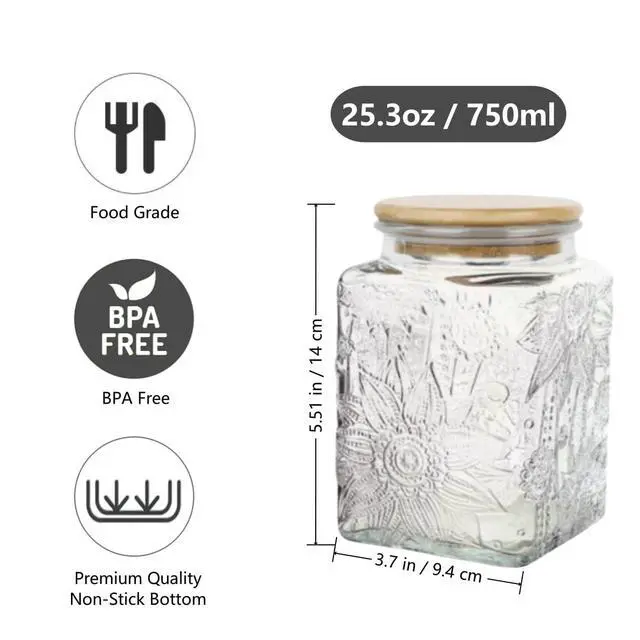 Alt view image 2 of 6 - Storageasy Vintage Glass Jar, 25.3 FL OZ Food Storage Container, Square Glass Jar with Lid, Decorative Jar for Home Kitchen Coffee, Tea, Candy, Sugar Jar (Square Sunflower)