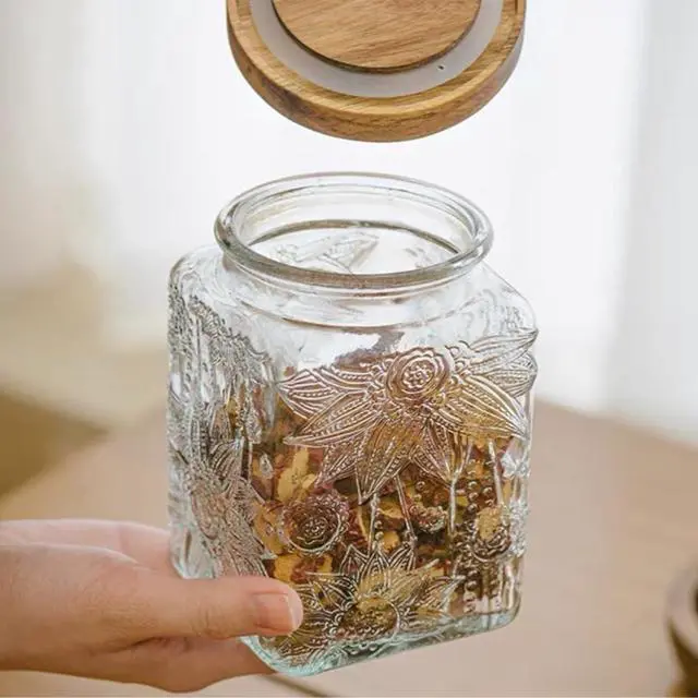 Alt view image 3 of 6 - Storageasy Vintage Glass Jar, 25.3 FL OZ Food Storage Container, Square Glass Jar with Lid, Decorative Jar for Home Kitchen Coffee, Tea, Candy, Sugar Jar (Square Sunflower)