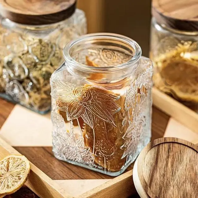 Alt view image 4 of 6 - Storageasy Vintage Glass Jar, 25.3 FL OZ Food Storage Container, Square Glass Jar with Lid, Decorative Jar for Home Kitchen Coffee, Tea, Candy, Sugar Jar (Square Sunflower)