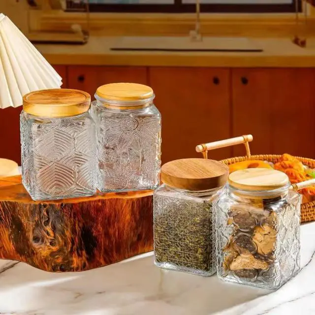 Alt view image 6 of 6 - Storageasy Vintage Glass Jar, 25.3 FL OZ Food Storage Container, Square Glass Jar with Lid, Decorative Jar for Home Kitchen Coffee, Tea, Candy, Sugar Jar (Square Sunflower)