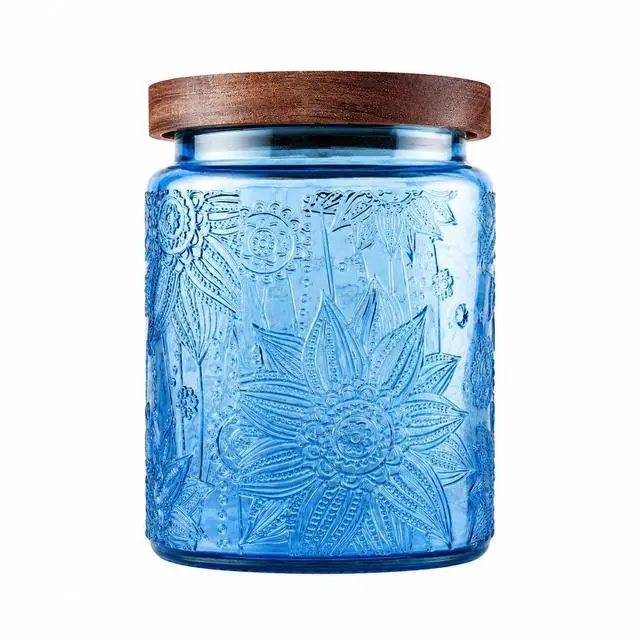 Main image of Candy Jar with Airtight Wood Lid 23.7 fl oz Glass Vintage Storage Canister for Kitchen Pantry Bathroom, brown sugar, coffee, cookie, salt, tea,Sunflower cute Jar (Blue, 23.7 floz)