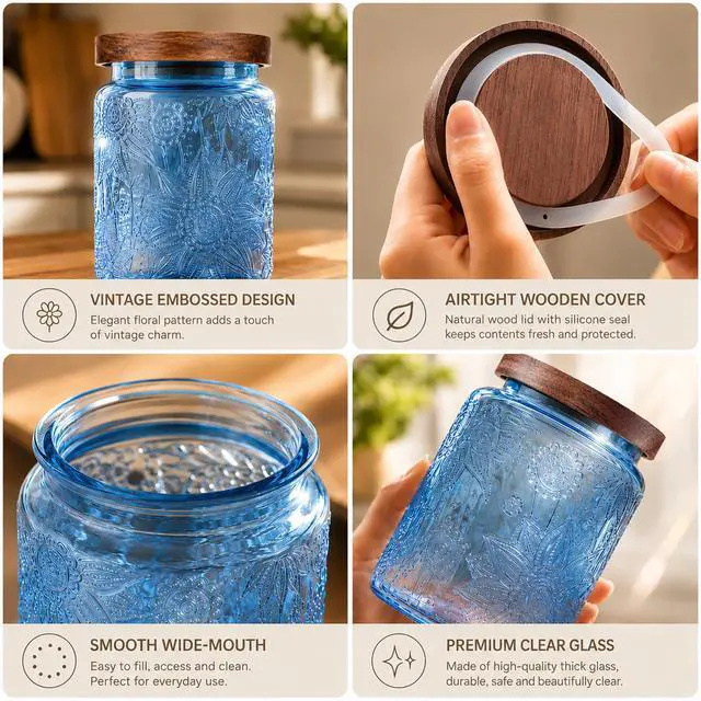 Alt view image 4 of 7 - Candy Jar with Airtight Wood Lid 23.7 fl oz Glass Vintage Storage Canister for Kitchen Pantry Bathroom, brown sugar, coffee, cookie, salt, tea,Sunflower cute Jar (Blue, 23.7 floz)