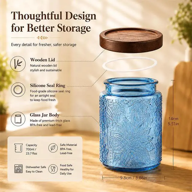 Alt view image 3 of 7 - Candy Jar with Airtight Wood Lid 23.7 fl oz Glass Vintage Storage Canister for Kitchen Pantry Bathroom, brown sugar, coffee, cookie, salt, tea,Sunflower cute Jar (Blue, 23.7 floz)