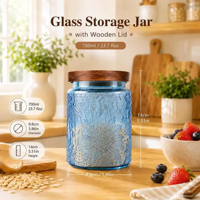 Alt view image 2 of 7 - Candy Jar with Airtight Wood Lid 23.7 fl oz Glass Vintage Storage Canister for Kitchen Pantry Bathroom, brown sugar, coffee, cookie, salt, tea,Sunflower cute Jar (Blue, 23.7 floz)
