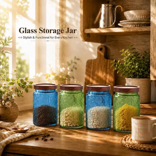 Alt view image 7 of 7 - Candy Jar with Airtight Wood Lid 23.7 fl oz Glass Vintage Storage Canister for Kitchen Pantry Bathroom, brown sugar, coffee, cookie, salt, tea,Sunflower cute Jar (Blue, 23.7 floz)
