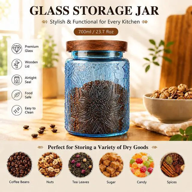 Alt view image 5 of 7 - Candy Jar with Airtight Wood Lid 23.7 fl oz Glass Vintage Storage Canister for Kitchen Pantry Bathroom, brown sugar, coffee, cookie, salt, tea,Sunflower cute Jar (Blue, 23.7 floz)