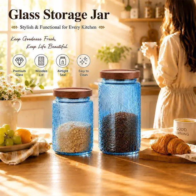 Alt view image 6 of 7 - Candy Jar with Airtight Wood Lid 23.7 fl oz Glass Vintage Storage Canister for Kitchen Pantry Bathroom, brown sugar, coffee, cookie, salt, tea,Sunflower cute Jar (Blue, 23.7 floz)