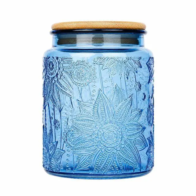Main image of Blue Vintage Glass Candy Jar with Airtight Bamboo Lid, 23.7oz Kitchen Storage Canister for Sugar, Coffee, Tea, Cookies, Bath Salt - Decorative Mason Jar for Pantry & Counter(Blue, 23.7 fl oz)