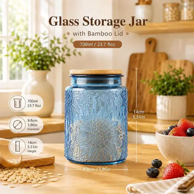 Alt view image 2 of 7 - Blue Vintage Glass Candy Jar with Airtight Bamboo Lid, 23.7oz Kitchen Storage Canister for Sugar, Coffee, Tea, Cookies, Bath Salt - Decorative Mason Jar for Pantry & Counter(Blue, 23.7 fl oz)