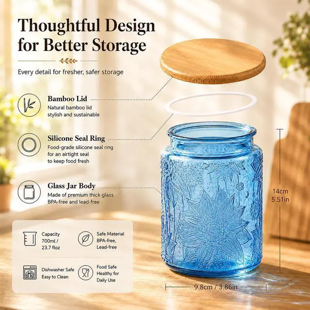 Alt view image 3 of 7 - Blue Vintage Glass Candy Jar with Airtight Bamboo Lid, 23.7oz Kitchen Storage Canister for Sugar, Coffee, Tea, Cookies, Bath Salt - Decorative Mason Jar for Pantry & Counter(Blue, 23.7 fl oz)