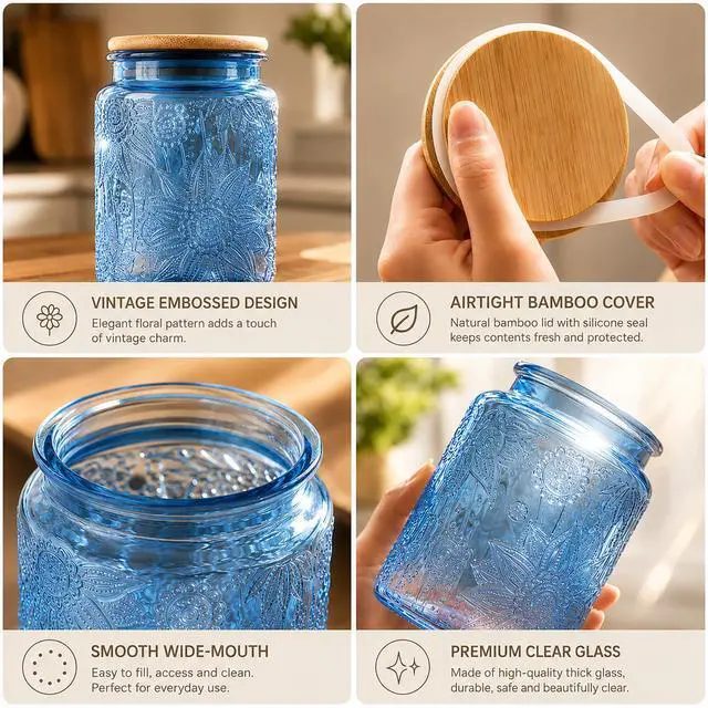 Alt view image 5 of 7 - Blue Vintage Glass Candy Jar with Airtight Bamboo Lid, 23.7oz Kitchen Storage Canister for Sugar, Coffee, Tea, Cookies, Bath Salt - Decorative Mason Jar for Pantry & Counter(Blue, 23.7 fl oz)