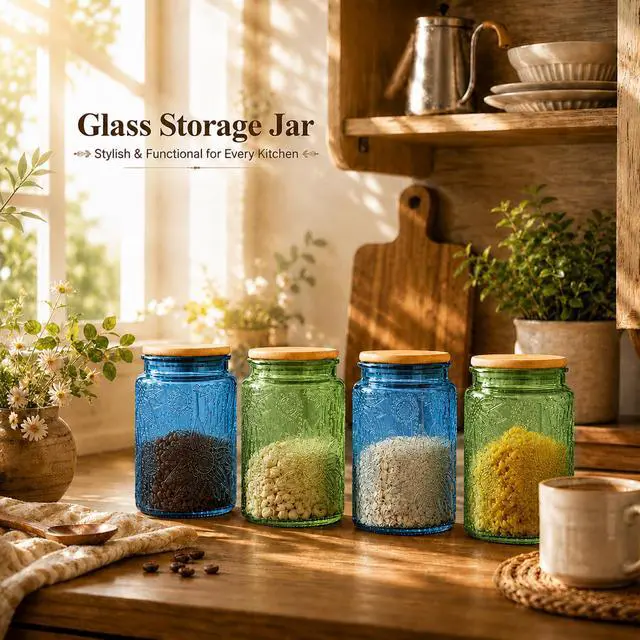 Alt view image 7 of 7 - Blue Vintage Glass Candy Jar with Airtight Bamboo Lid, 23.7oz Kitchen Storage Canister for Sugar, Coffee, Tea, Cookies, Bath Salt - Decorative Mason Jar for Pantry & Counter(Blue, 23.7 fl oz)