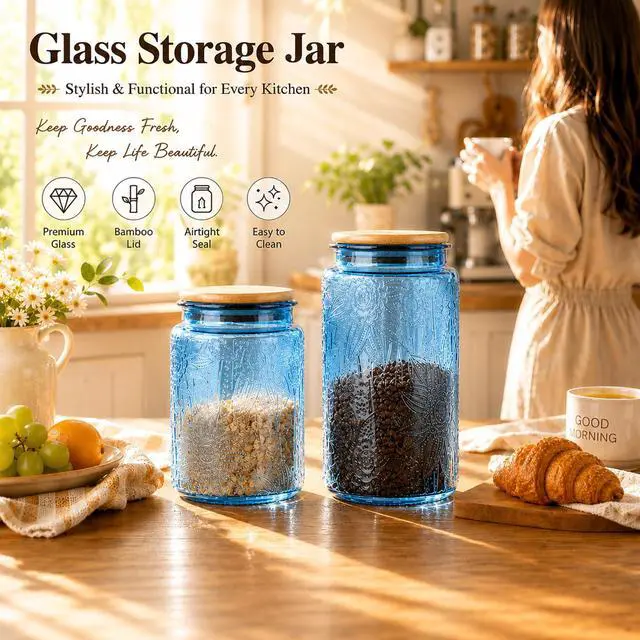 Alt view image 6 of 7 - Blue Vintage Glass Candy Jar with Airtight Bamboo Lid, 23.7oz Kitchen Storage Canister for Sugar, Coffee, Tea, Cookies, Bath Salt - Decorative Mason Jar for Pantry & Counter(Blue, 23.7 fl oz)