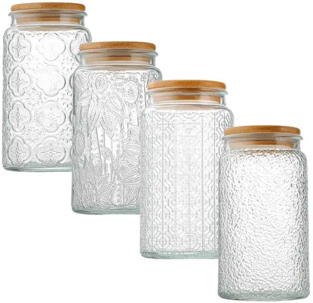 Alt view image 3 of 7 - Glass Jar with Airtight Bamboo Lid, 35oz Vintage Glass Kitchen Storage Counter Sealed Jar, Decorative Glass Food Storage Containers for Candy, Flour, Oats, Coffee Bean(Window Grilles)
