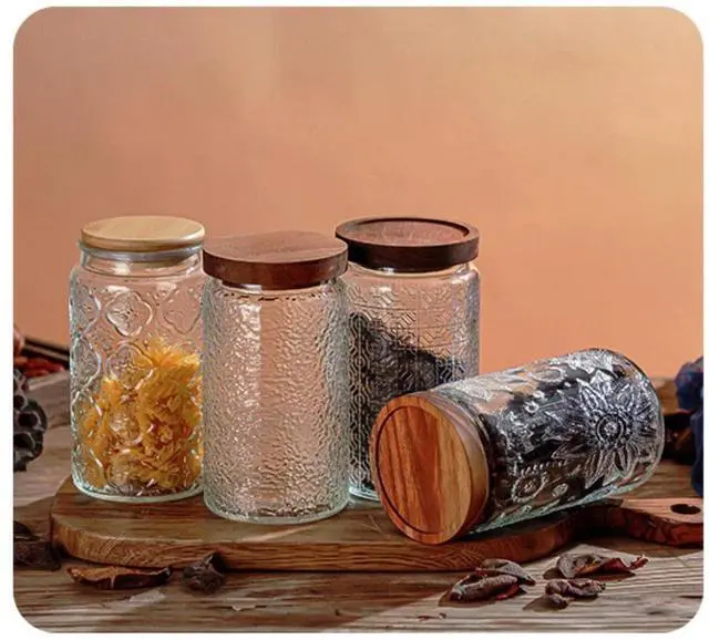Alt view image 7 of 7 - Glass Jar with Airtight Bamboo Lid, 35oz Vintage Glass Kitchen Storage Counter Sealed Jar, Decorative Glass Food Storage Containers for Candy, Flour, Oats, Coffee Bean(Window Grilles)