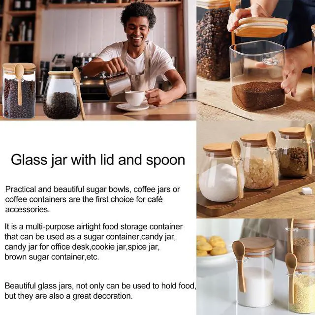 Alt view image 3 of 7 - Sugar Bowls Sugar Container 25.36 FL OZ Glass Coffee Canister Airtight Food Storage Jar with Lid and Spoon Candy Jar Coffee Bar Accessories Storage Beans Powder (Square)