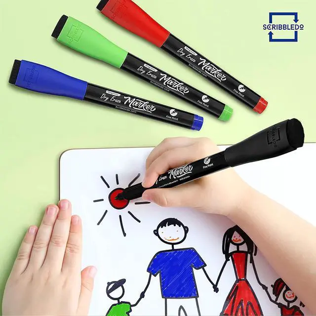 Alt view image 4 of 7 - 4 Magnetic Dry Erase Markers Fine Tip Assorted Classic Colors Low Odor Whiteboard Markers with Eraser Cap Thin Skinny White Board Markers for Adults Students Teachers Art Home & School