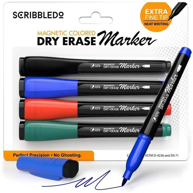 Main image of Colored Dry Erase Markers Extra Fine Tip 4 Pack Low Odor Whiteboard Markers with Eraser & Magnetic Cap, Assorted Colors Thin Skinney for Teacher Classroom Office White Board Marker