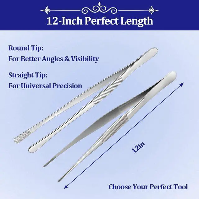 Alt view image 2 of 6 - 12-inch Stainless Steel Cooking Tongs & Tweezers, Non-Slip Grip & Serrated Tips for Grilling, Baking, Garnishing, BBQ, Kitchen & Craft Use (Straight Tip & Round Tip)