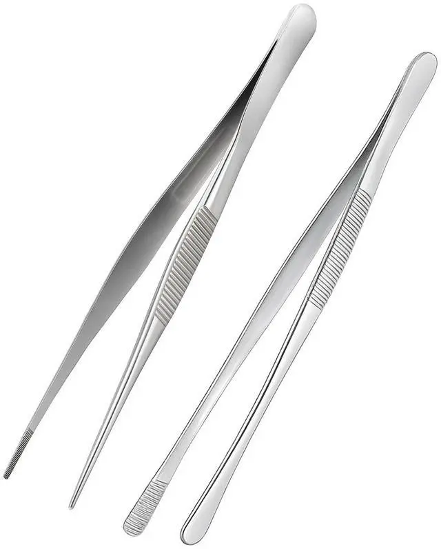 Main image of 12-inch Stainless Steel Cooking Tongs & Tweezers, Non-Slip Grip & Serrated Tips for Grilling, Baking, Garnishing, BBQ, Kitchen & Craft Use (Straight Tip & Round Tip)