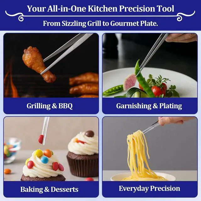 Alt view image 3 of 6 - 12-inch Stainless Steel Cooking Tongs & Tweezers, Non-Slip Grip & Serrated Tips for Grilling, Baking, Garnishing, BBQ, Kitchen & Craft Use (Straight Tip & Round Tip)