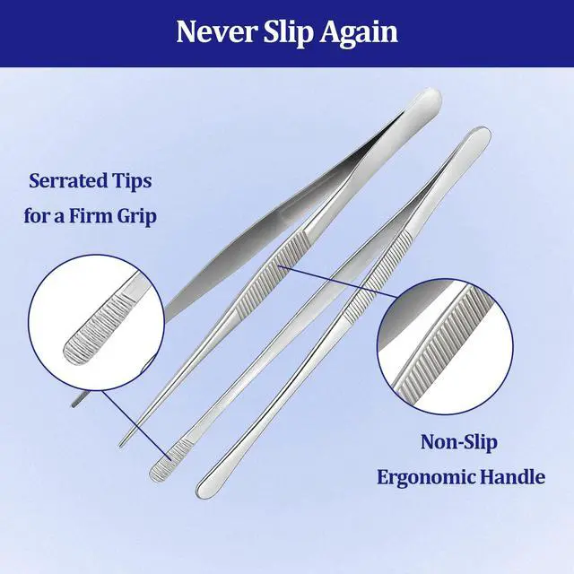 Alt view image 4 of 6 - 12-inch Stainless Steel Cooking Tongs & Tweezers, Non-Slip Grip & Serrated Tips for Grilling, Baking, Garnishing, BBQ, Kitchen & Craft Use (Straight Tip & Round Tip)