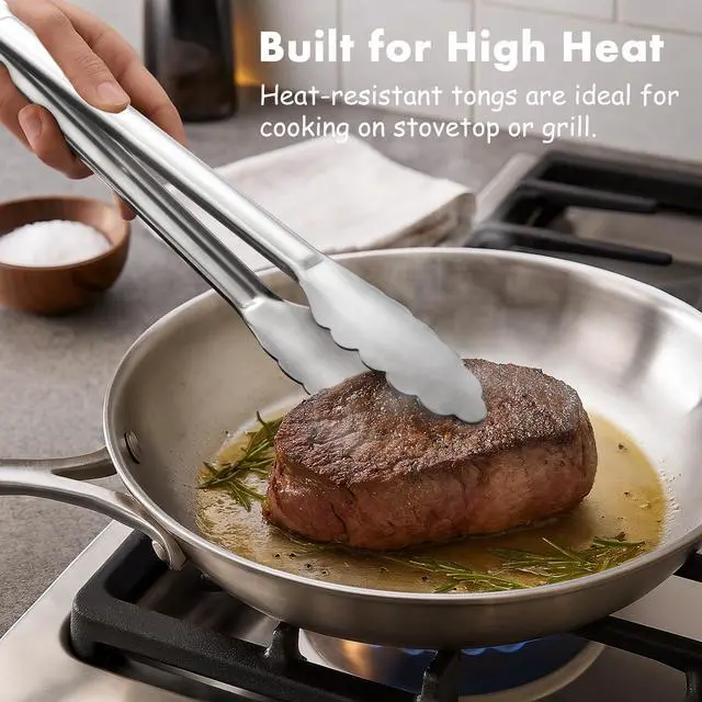 Alt view image 3 of 7 - Seamless Tongs for Cooking, One-Piece Design, Durable Heat Resistant Stainless Steel Tongs for Kitchen, Grill, BBQ, Salad, Dishwasher Safe, Metal Tongs Set (12" & 9")