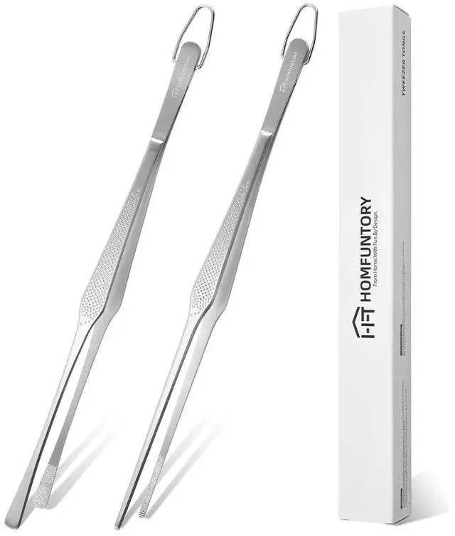Main image of Homfuntory Stainless Steel Cooking Tweezers, 12-Inch Precision Kitchen Tweezers with Star Dot Texture, Wider Grip & Elevated Tips | Galaxy Grip Series, 2 Pcs (Silver)