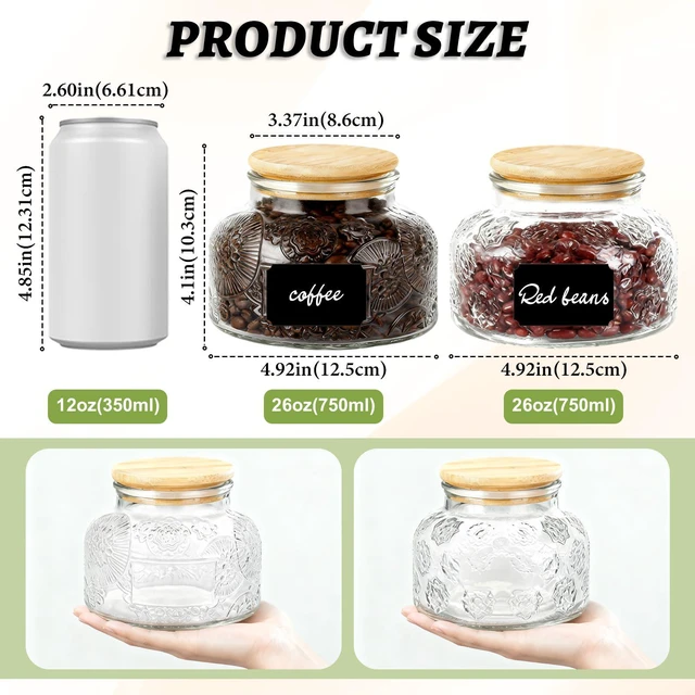 Alt view image 2 of 7 - Glass Jar with Bamboo Lid - 24 OZ Airtight Canister with Label, for Kitchen Pantry Bathroom, Decorative Storage Container for Sugar, Bath Salt, Coffee, Tea, Oats, Candy, Cookie, Spider Lily