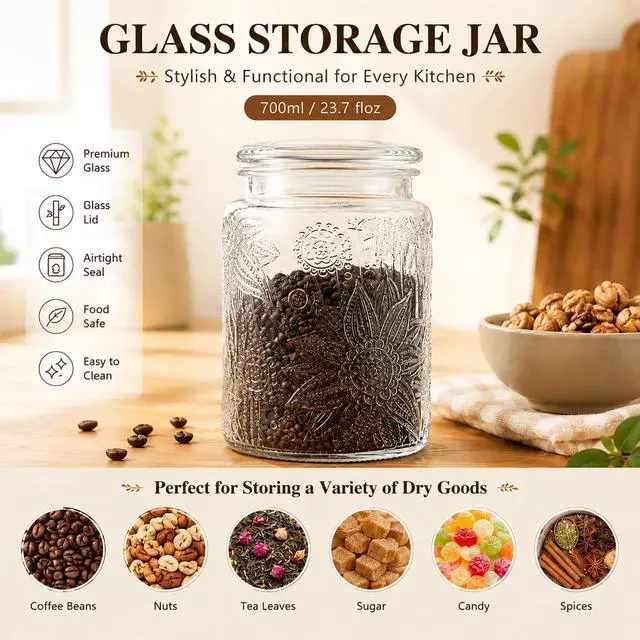 Alt view image 4 of 7 - Glass Jars With Airtight Lid, 23.7 floz Airtight Jar for Brown Sugar, Sunflower Design Storage Container for Candy, Coffee, Cookie, Tea, Salt, Bath Salt