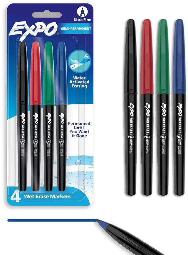 Main image of Wet Erase Markers, Semi-Permanent Markers, Assorted, Ultra Fine Point, 4 Count