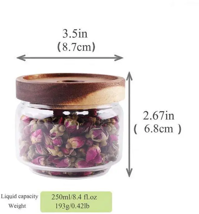 Alt view image 2 of 6 - Glass Coffee Containers, 8.5 FL OZ/250 ml Kitchen Serving Food Storage Canister with Sealed Wooden Lid, BPA-Free Clear Glass Jar for Tea Leaves, Powder, Spice(3.06 inch)