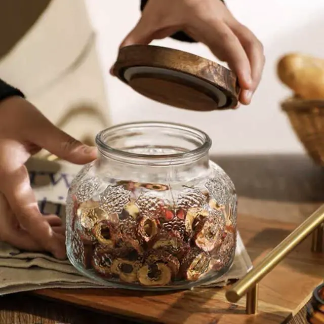 Alt view image 3 of 7 - 25.4 oz Vintage Glass Food Storage Jar with Snowflake Pattern and Wood Lid