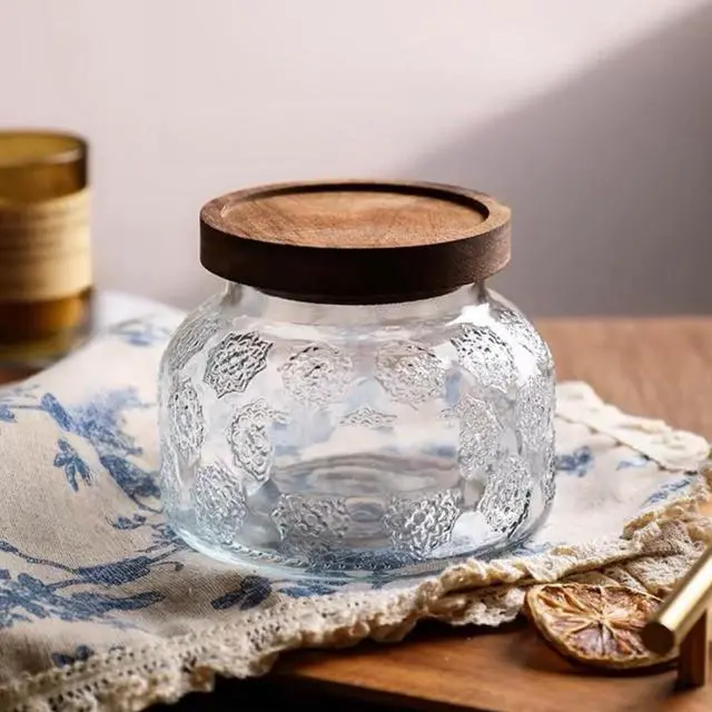 Alt view image 5 of 7 - 25.4 oz Vintage Glass Food Storage Jar with Snowflake Pattern and Wood Lid